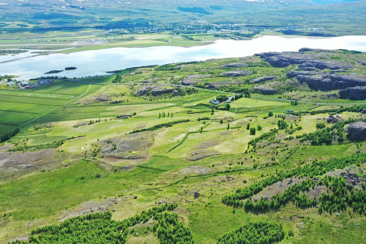 Aerial view of Ekkjufellsv&ouml;llur beside Torfstj&ouml;rn, with Egilssta&eth;ir in the distance