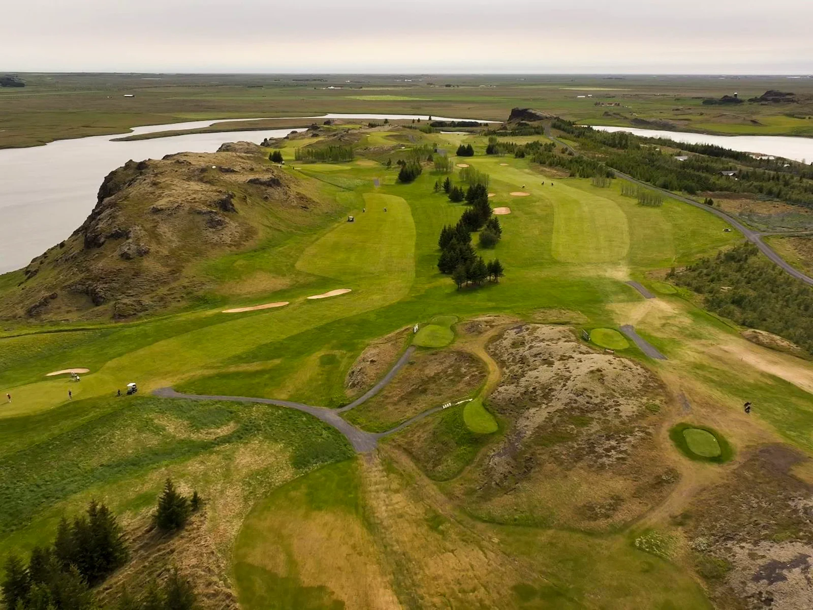 Aerial view of Kiðjaberg Golf Course beside the Hvítá river